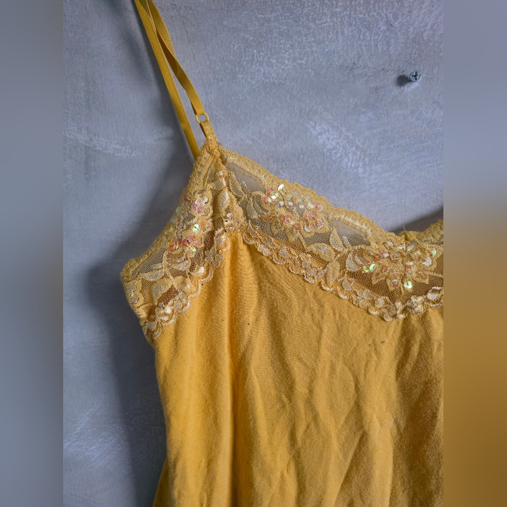 Y2K Women’s Tank Top Lace Trim Yellow Lace Cami Coquette Mermaid Iridecent Sz L - Picture 6 of 10